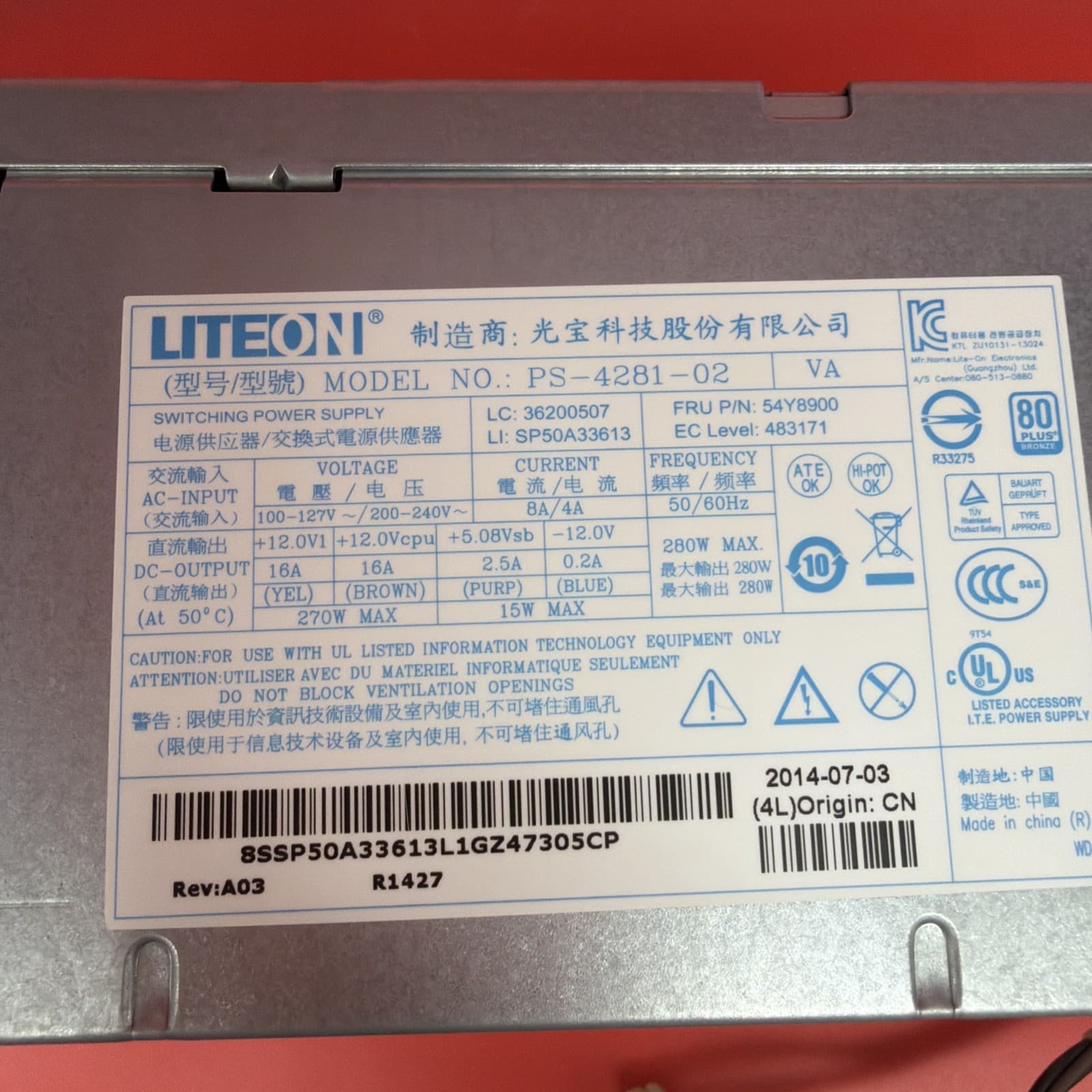 LiteOn Lenovo Thinkstation E32 270 Watt Power Supply 54Y8900 - Image 2