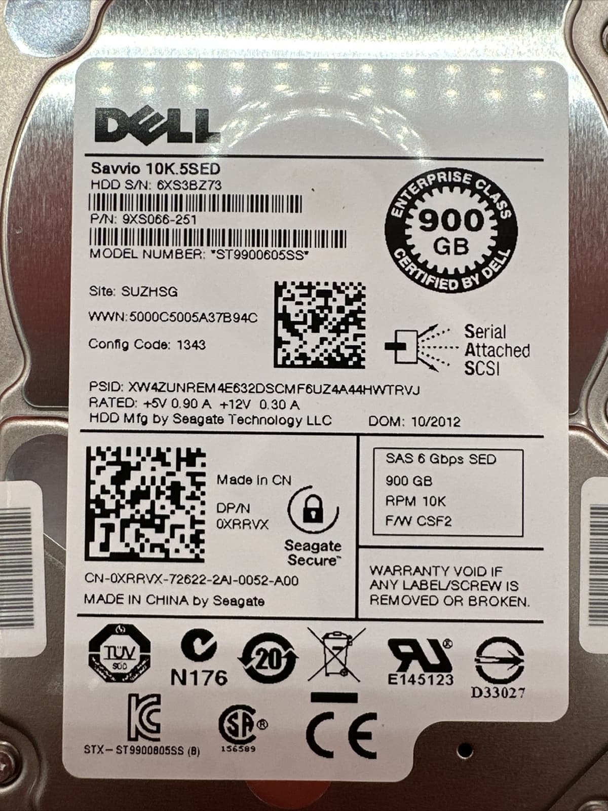Dell XRRVX 0XRRVX ST9900605SS 9XS056-251 900GB SAS 6Gbps SED 10K 2.5 Hard Drive - Image 2