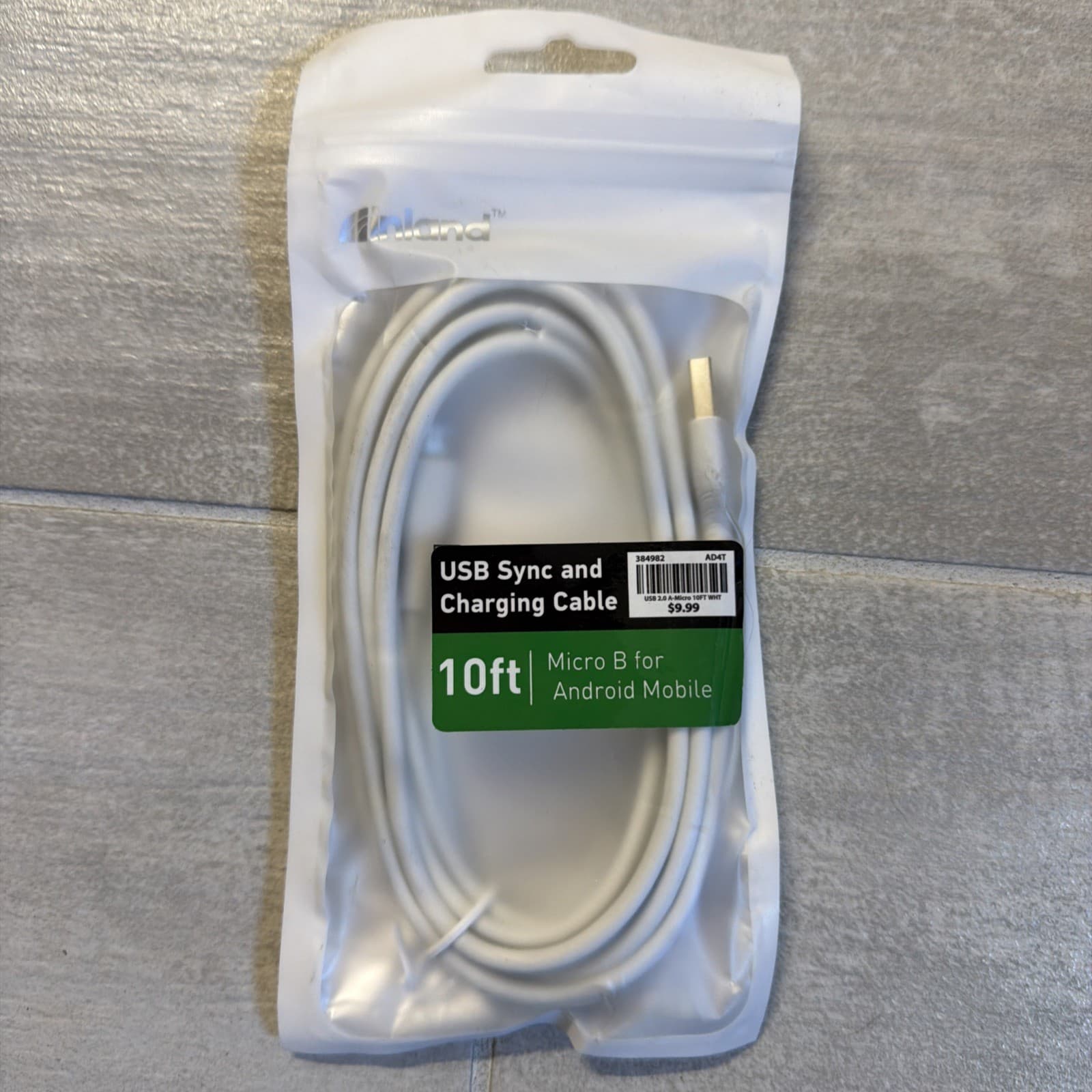 Inland USB 2.0 A-Micro 10ft White Sync And Charge Cable