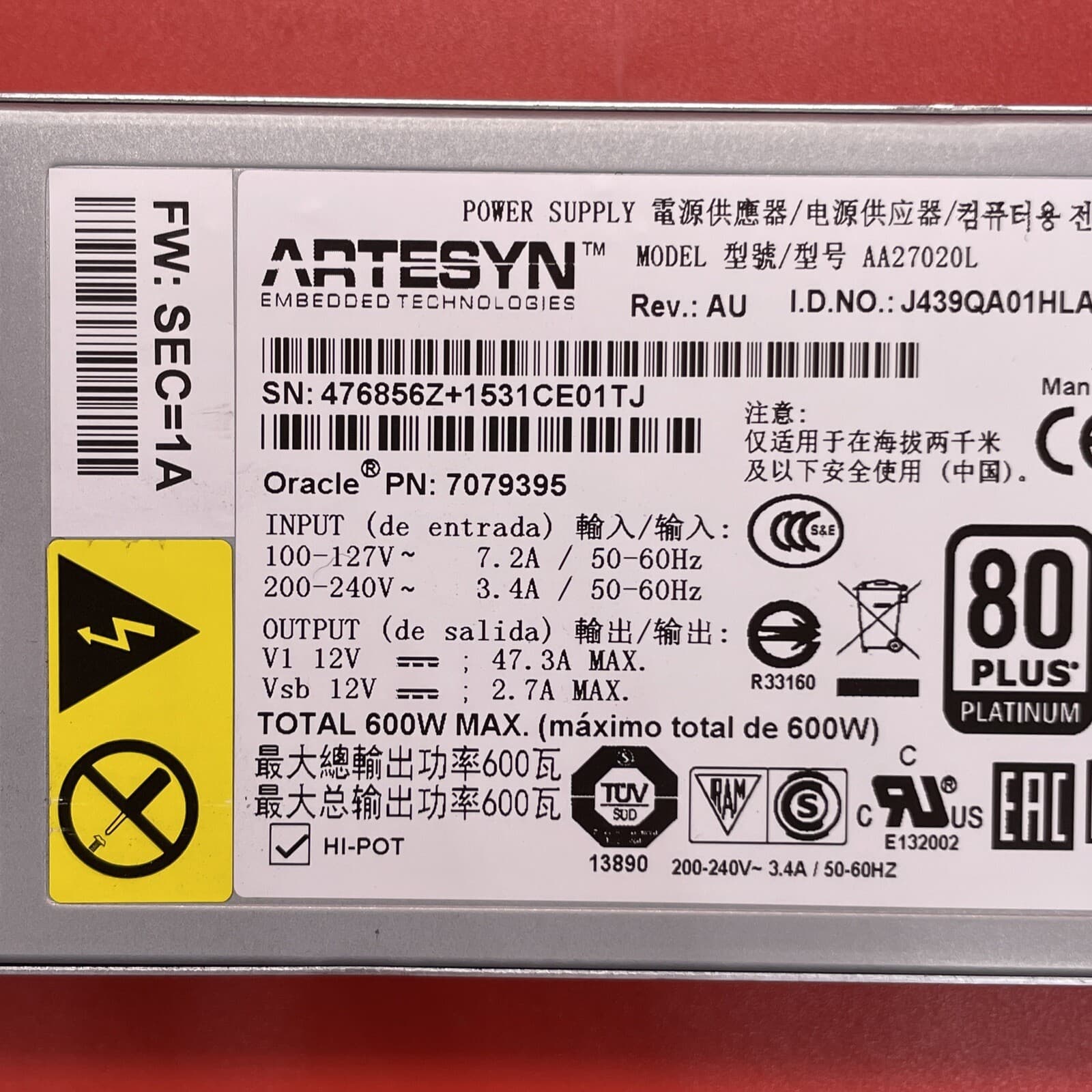Oracle 7079395 600w Power Supply AA27020L For Oracle Rack 600 W Enterprise - Image 2