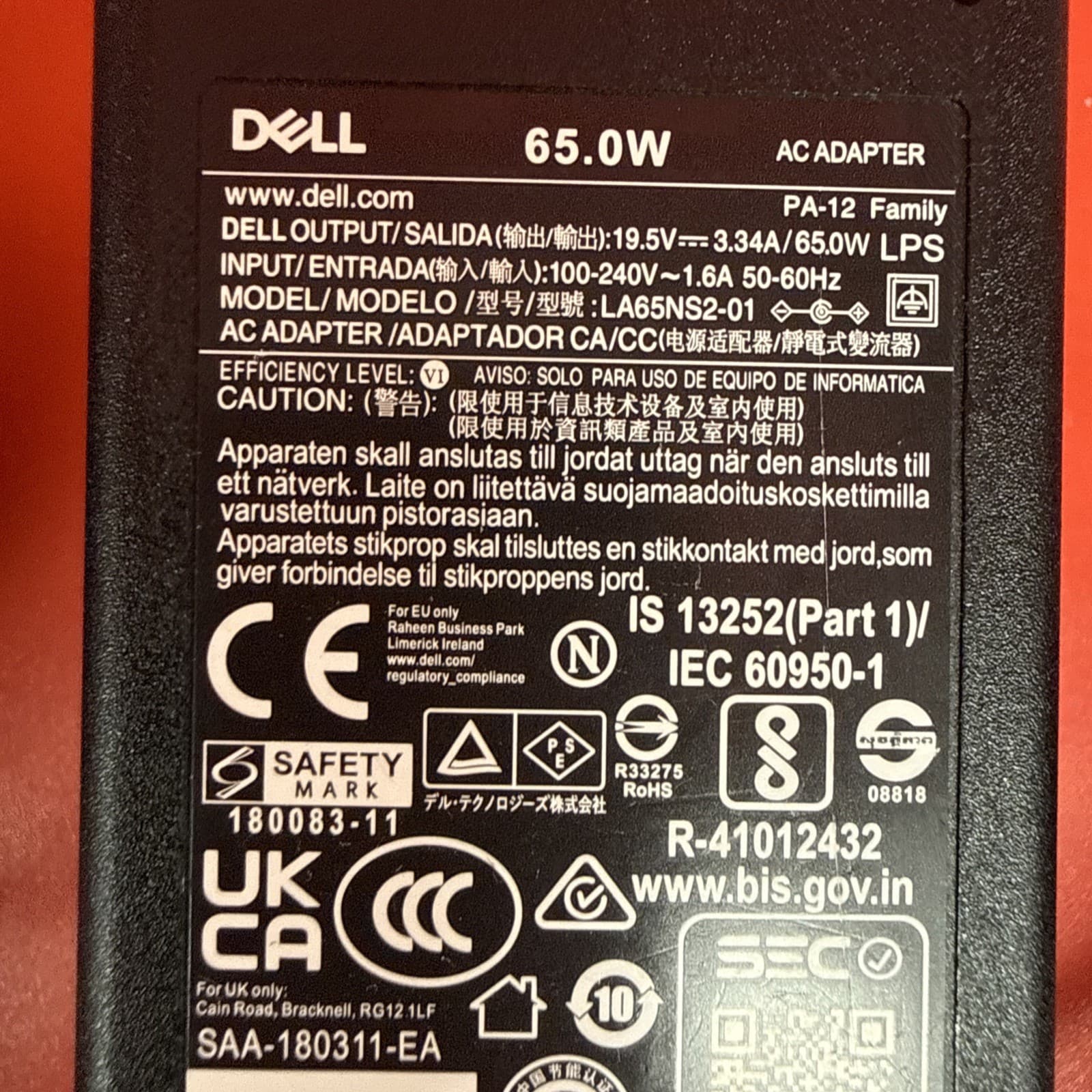 Dell W1N63 0W1N63 65w AC Adapter PA-12 LA65NS2-01 4.5mm AC/Standard Black 19.5 V - Image 3