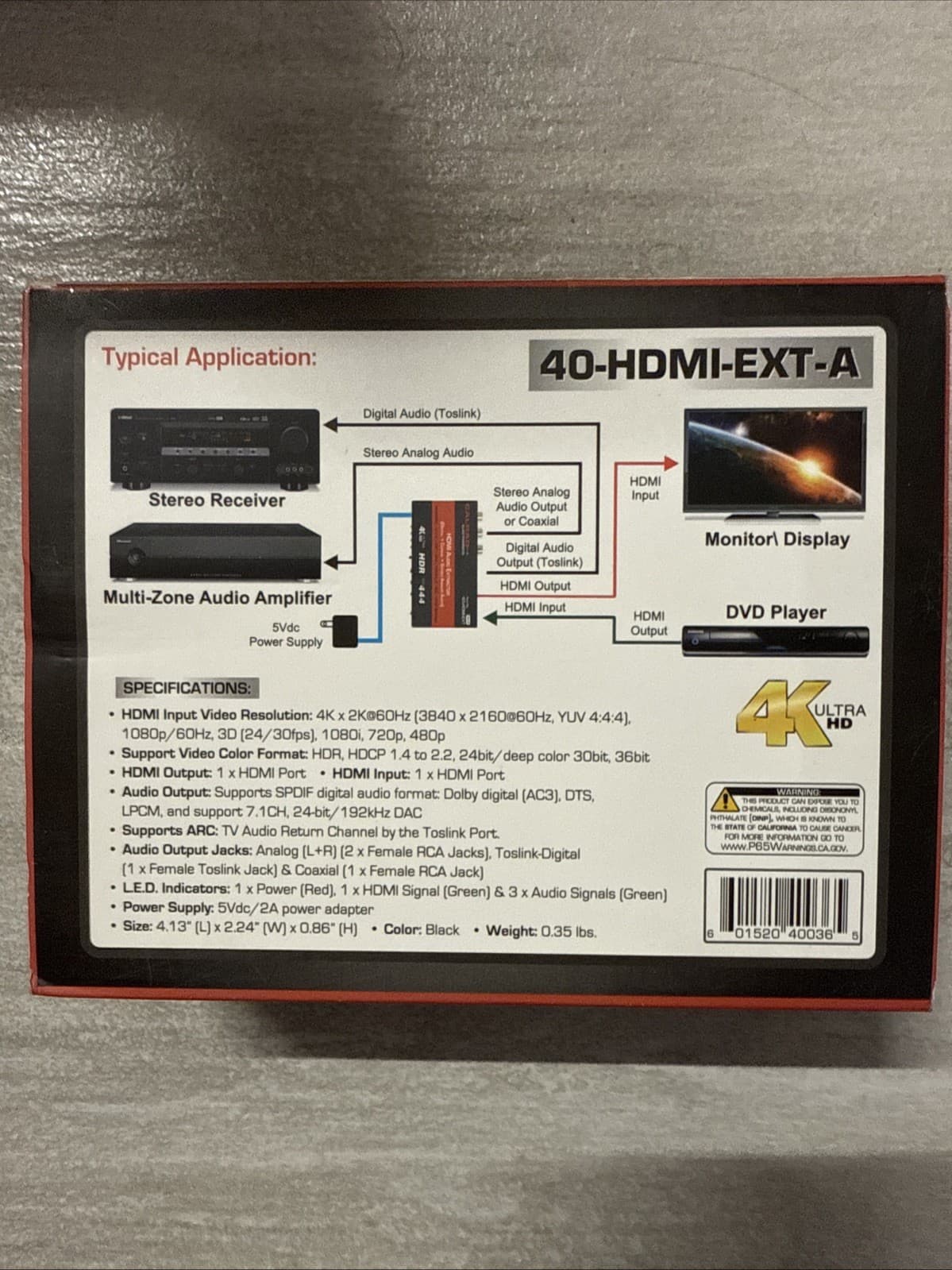 CALRAD 40-HDMI-EXT-A HDMI Audio Extractor Toslink SPDIF + Coaxial L/R New Black - Image 9
