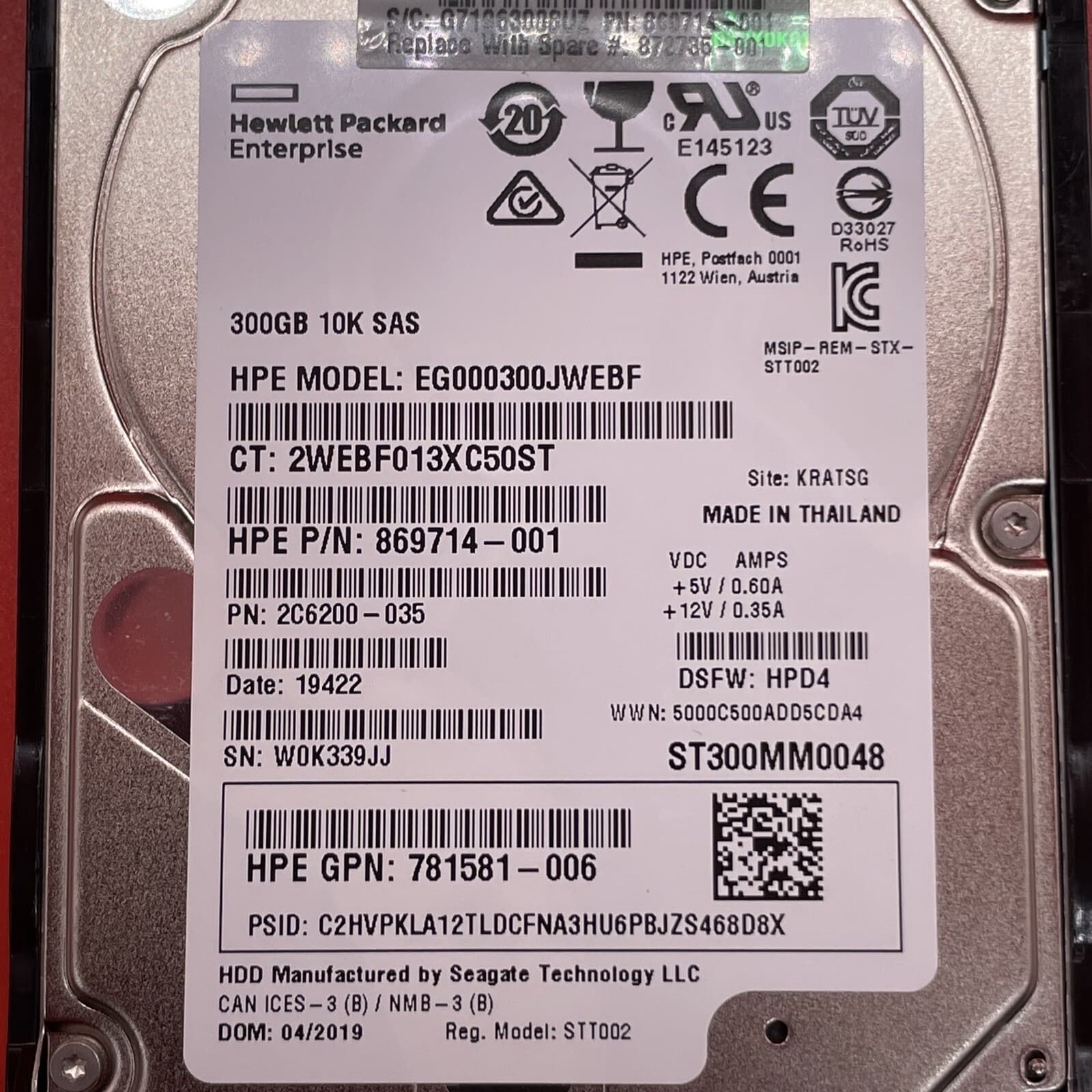 300GB 10K SAS 2.5 HP 873008-B21 in Tray EG000300JWEBF Internal Server Drive HDD - Image 2