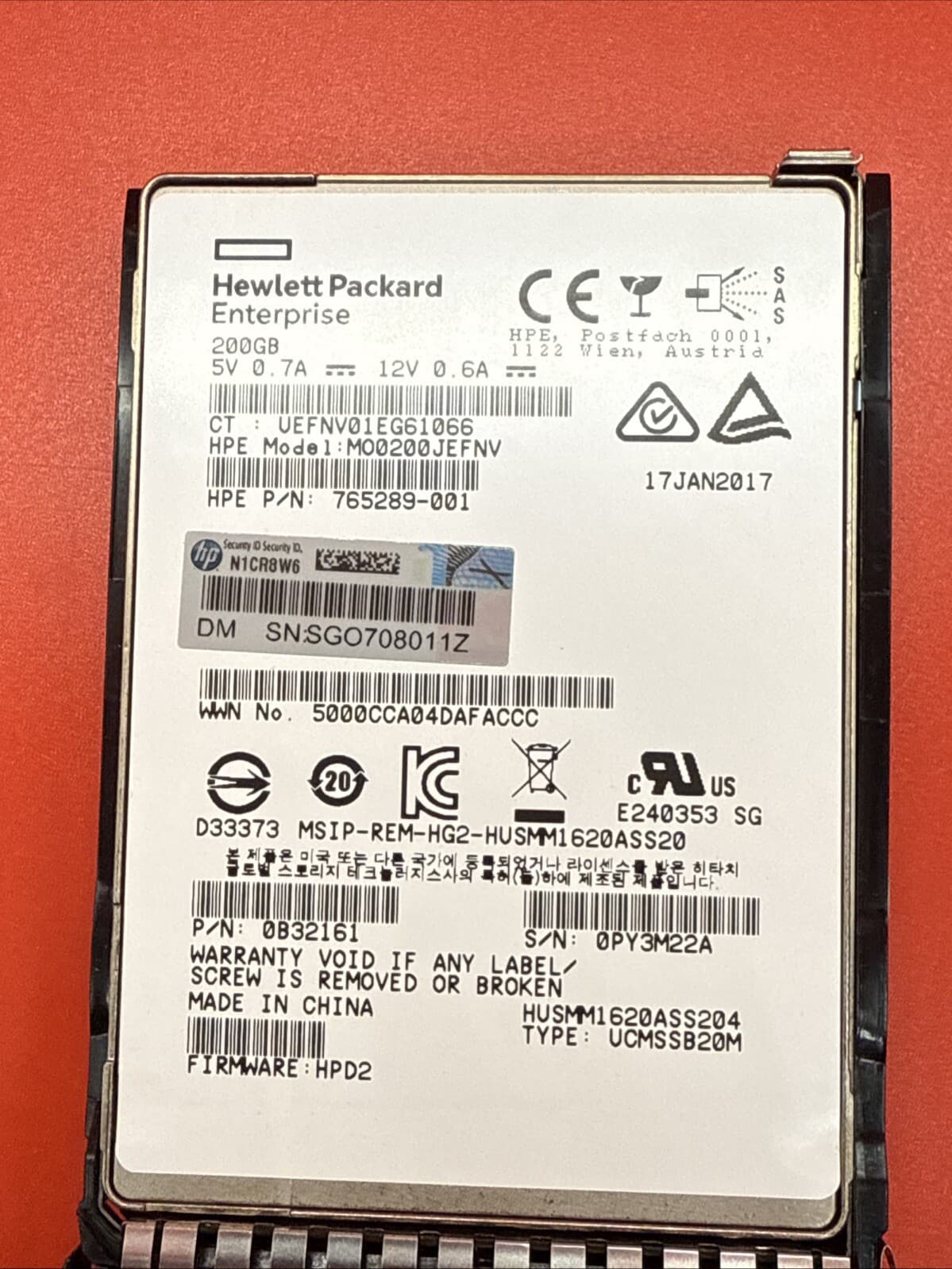 HP 200GB SAS12 2.5" SSD 779164-B21 780430-001 MO0200JEFNV in HPe Tray White - Image 2