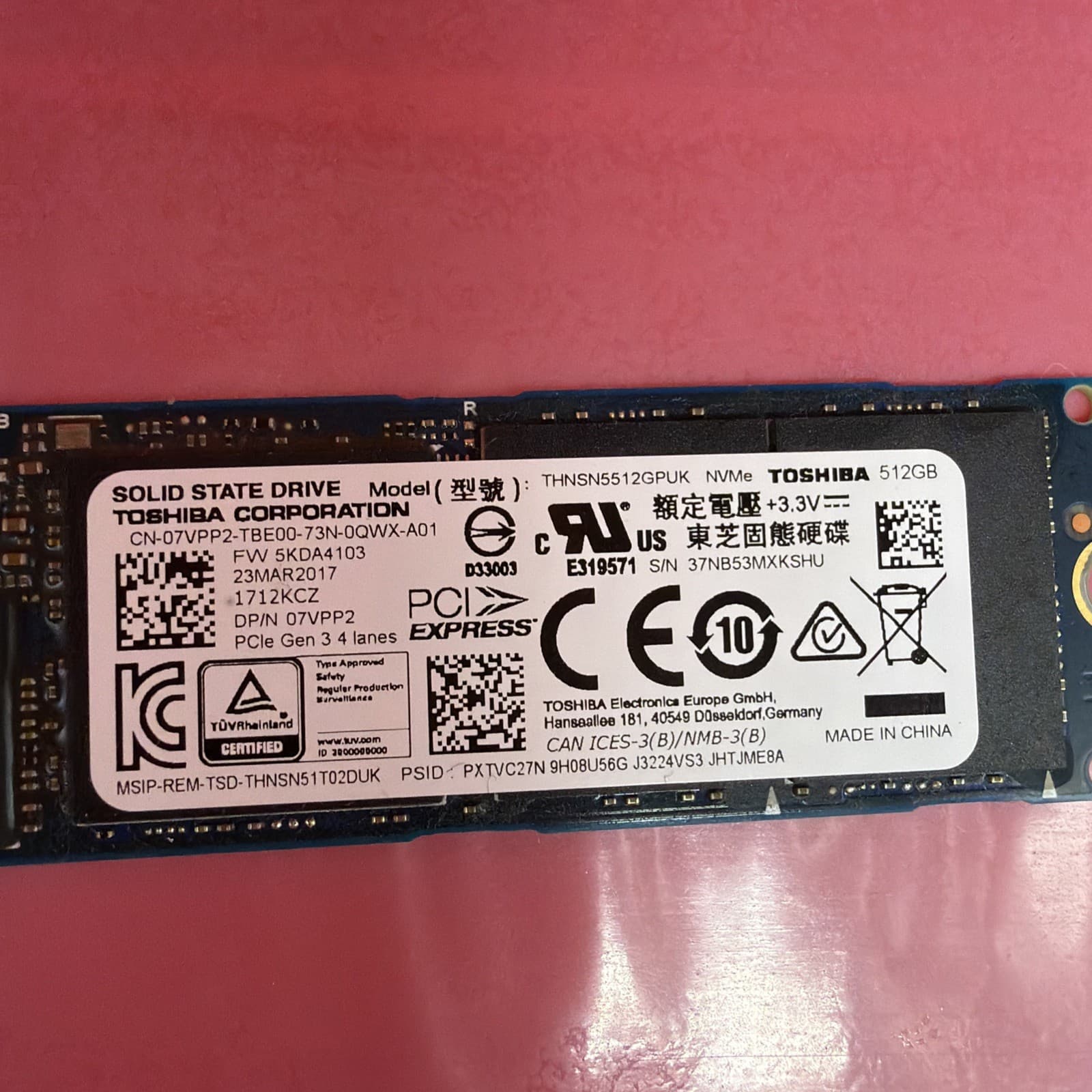 Toshiba M.2 2280 PCIe NVMe Internal SSD - 512GB (THNSN5512GPUK) - 81% Health - Image 2