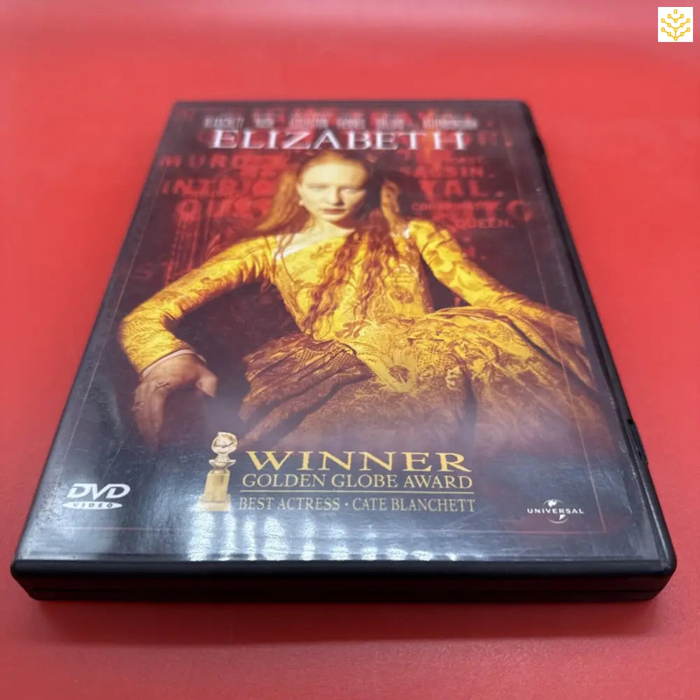 DVD case of the movie ’Elizabeth’ featuring a figure in a golden dress against a dark red background.