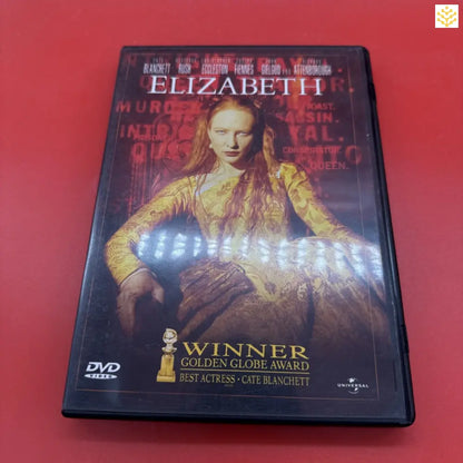 DVD case of the movie ’Elizabeth’ featuring a figure in a golden dress against a dark red background.