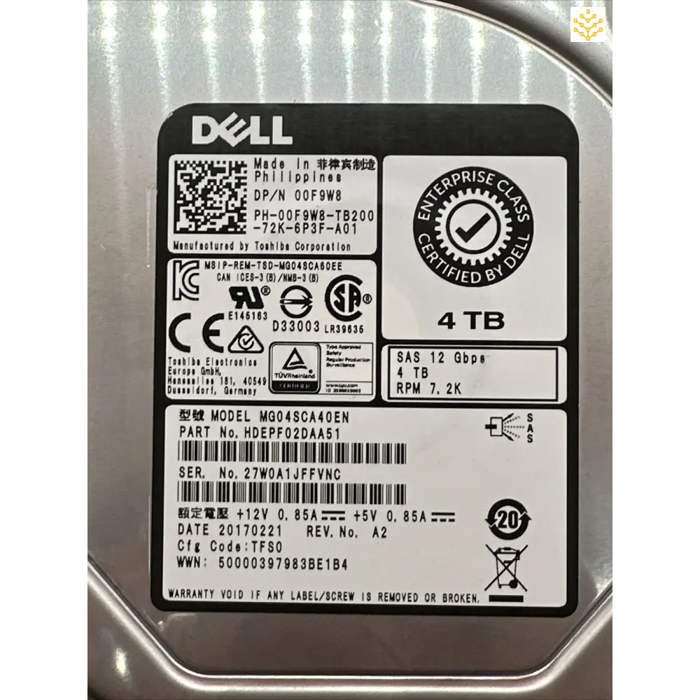 4TB Dell 0F9W8 SAS 7.2K 3.5 HDD MG04SCA40EN HDEPF02DAA51 - Computers/Tablets & Networking:Drives Storage & Blank