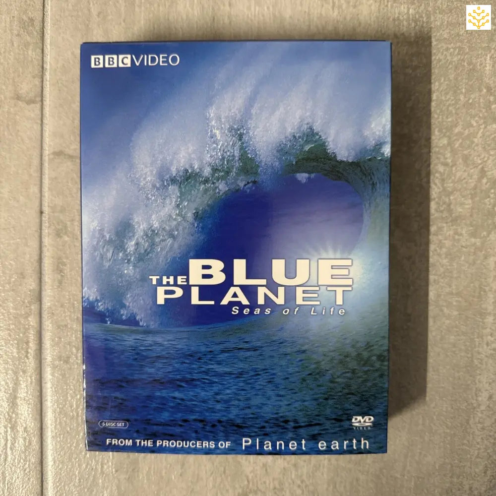 BBC Video DVD case of ’The Blue Planet’ documentary series featuring a crashing ocean wave on the cover.