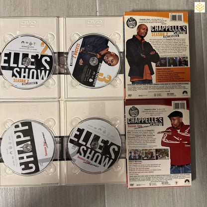 Collection of DVDs of Chappelle’s Show with discs and cases displayed.