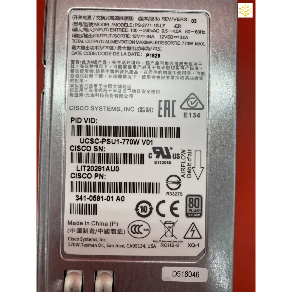 Cisco UCSC-PSU1-770W V01 341-0591-01 770w Power Supply - Computers/Tablets & Networking:Enterprise Networking