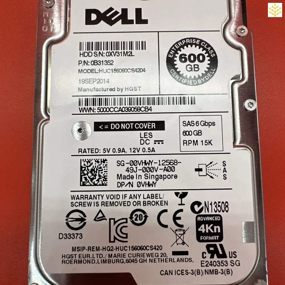 Dell 00VHWY 0VHWY 600GB 15K SAS 2.5” HDD - GIGDATA