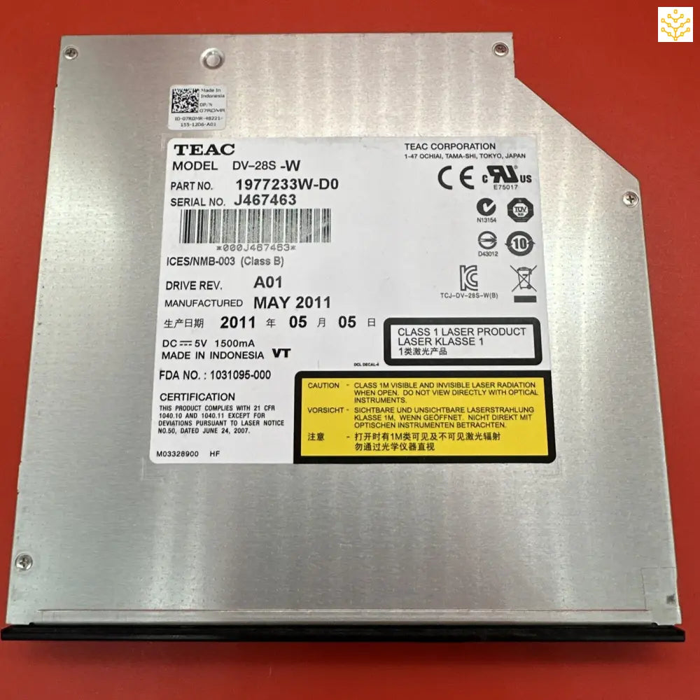 DVD/CD drive unit for a computer or laptop, showing its manufacturer label and technical specifications.