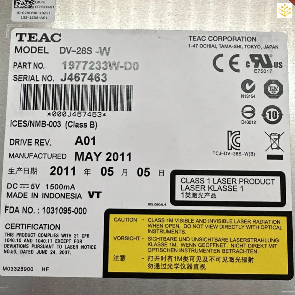 Label or information plate for a TEAC DV-28S-W electronic device, showing various technical specifications and safety warnings.