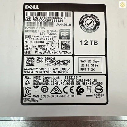 Label sticker for a 12TB Dell hard drive containing technical specifications and regulatory information.