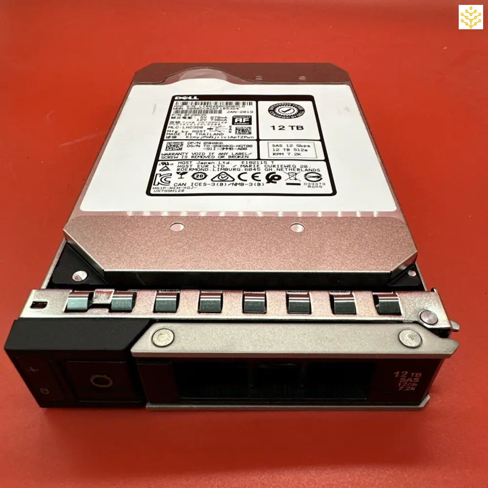 Hard drive in a server-style hot-swappable enclosure.