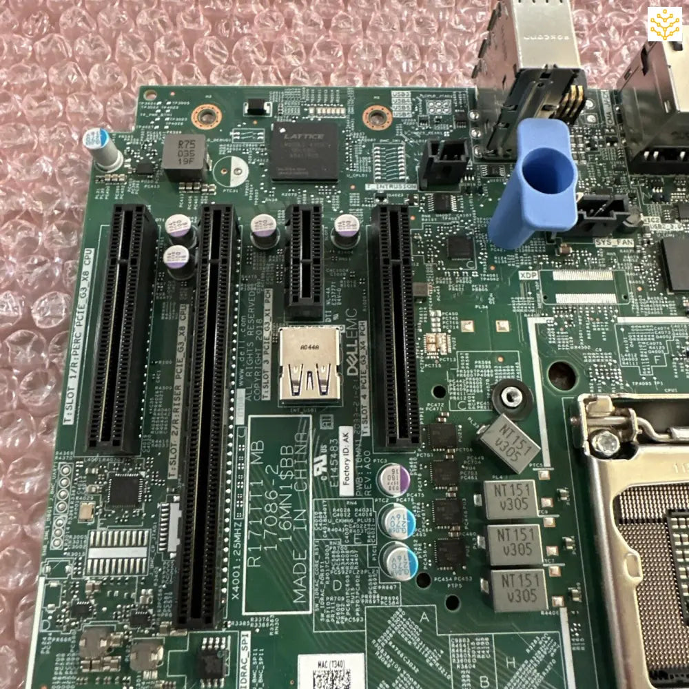 Computer motherboard with various components, ports, and circuitry visible.