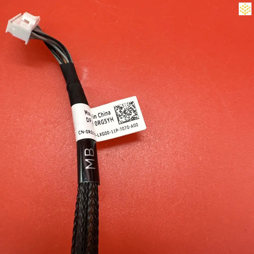 Computer cable or wire with a white connector and label attached.