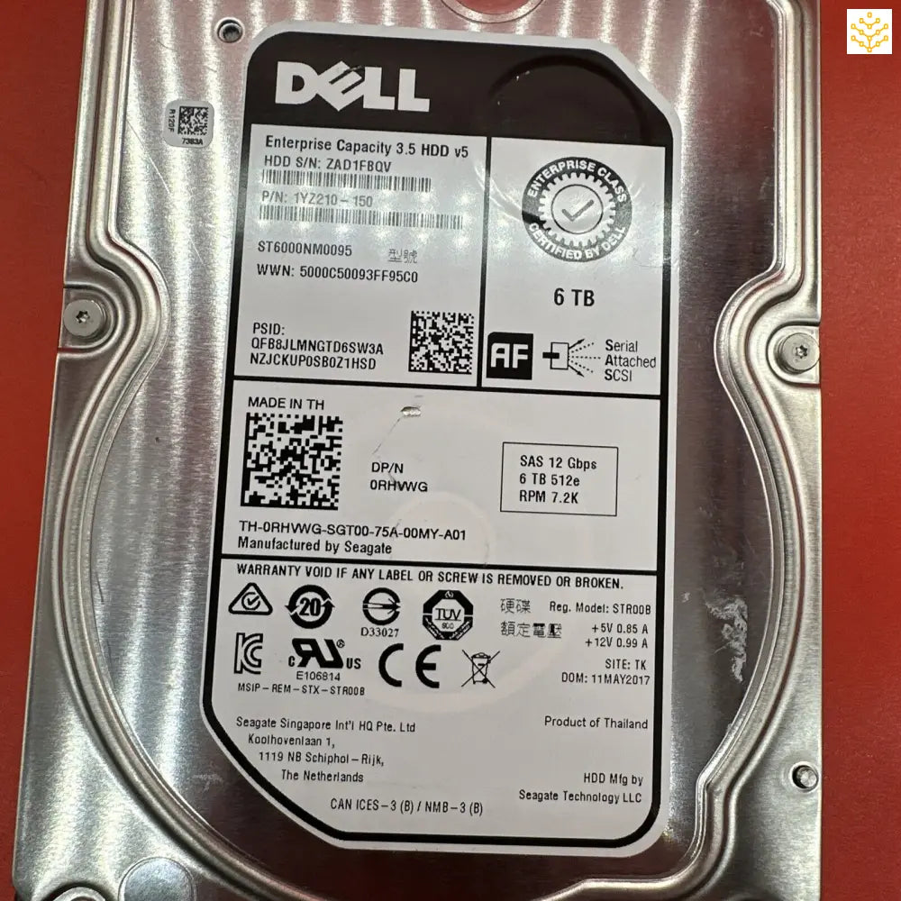 Dell 0RHVWG RHVWG 6TB SAS 12 Gbps 512e 7.2K 3.5” HDD ST6000NM0095 - 100% Health - Computers/Tablets &