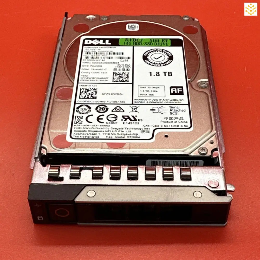 Dell 1.8 TB hard drive in a server hot-swap tray.