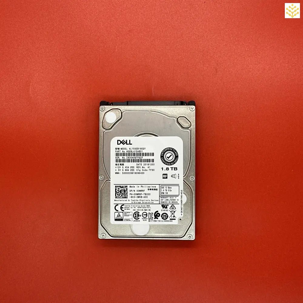 Dell hard disk drive on a red background.