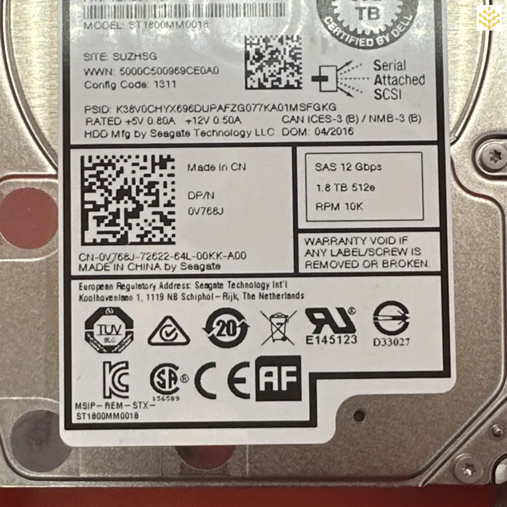 Hard drive label showing technical specifications and regulatory compliance information.