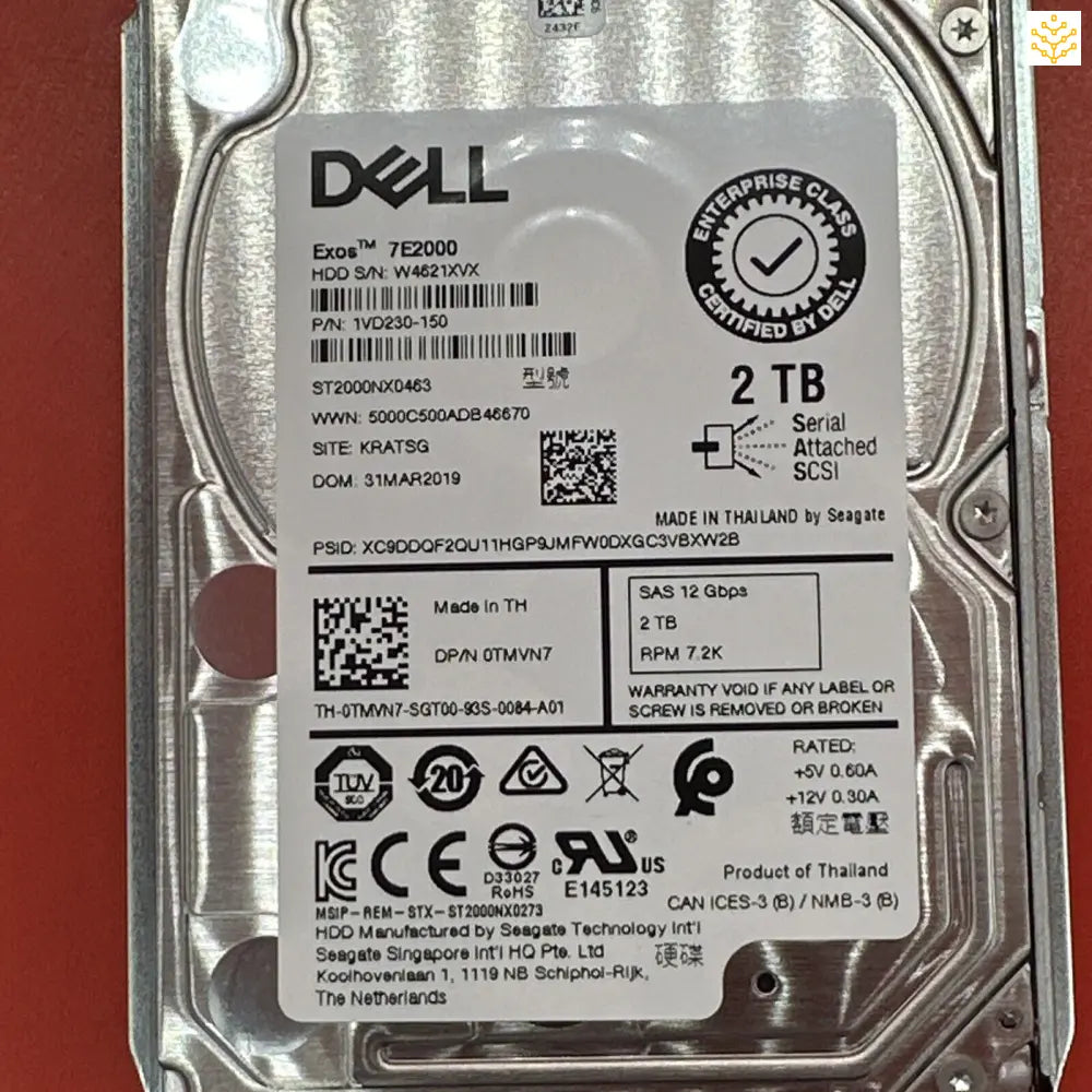 Dell 2TB internal hard disk drive with product information label.