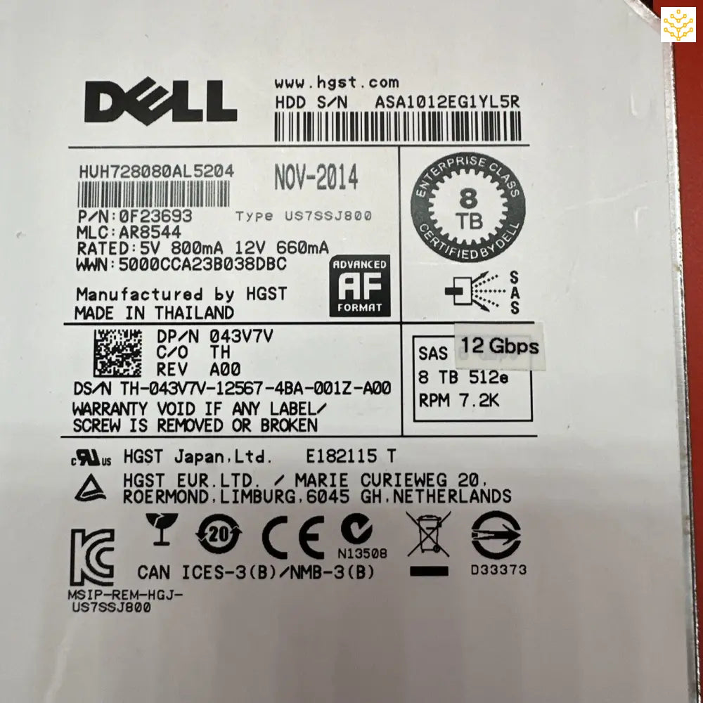 Dell 43V7V 8TB SAS 12 Gbps 512e 7.2K 3.5 HDD 0F23693 HUH728080AL5204 - Computers/Tablets & Networking:Drives Storage &