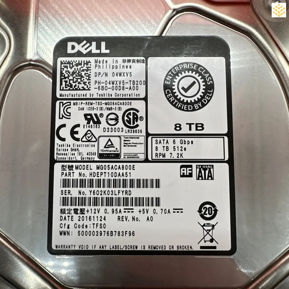 Dell 4WXV5 8TB SATA 6 Gbps 512e 7.2K 3.5 HDD MG05ACA800E HDEPT10DAA51 - GIGDATA