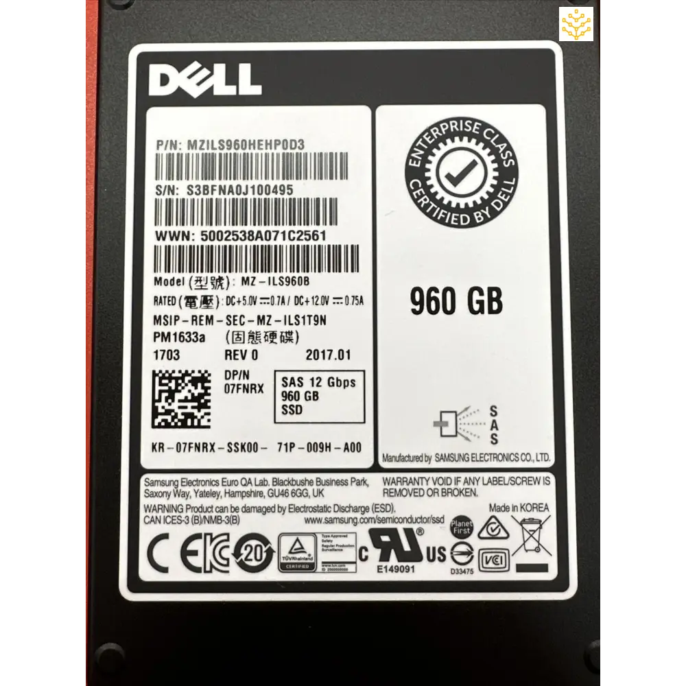 Dell 960GB SAS 12Gb 2.5 SSD PM1633a 7FNRX 07FNRX MZ-ILS960B - Computers/Tablets & Networking:Drives Storage & Blank