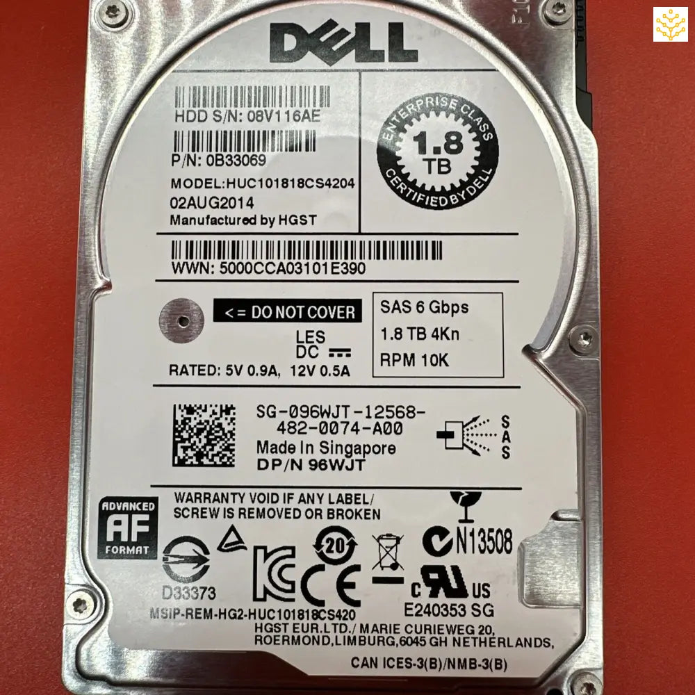 Dell 96WJT 096WJT 1.8TB SAS 6Gbps 4Kn 10K SAS 2.5” HDD - Computers/Tablets & Networking:Drives Storage & Blank