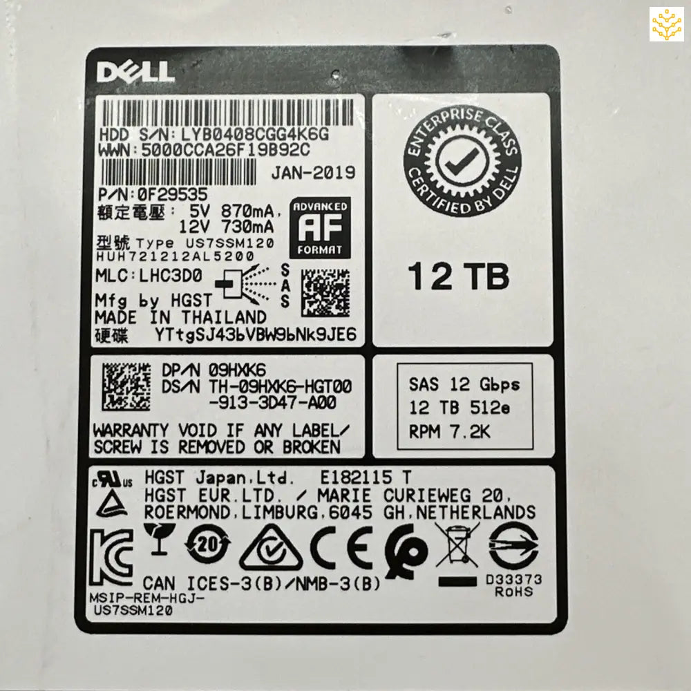 Dell 9HXK6 12TB SAS 12 GBPs 512e 3.5 HDD 0F29535 HUH721212AL5200 - Computers/Tablets & Networking:Drives Storage &