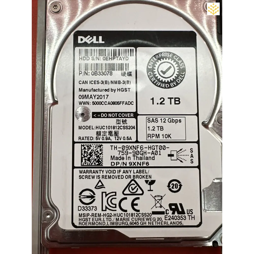 Dell 9XNF6 09XNF6 1.2TB 10K SAS 2.5 In Dell Tray 0B33078 HUC101812CSS204 - GIGDATA