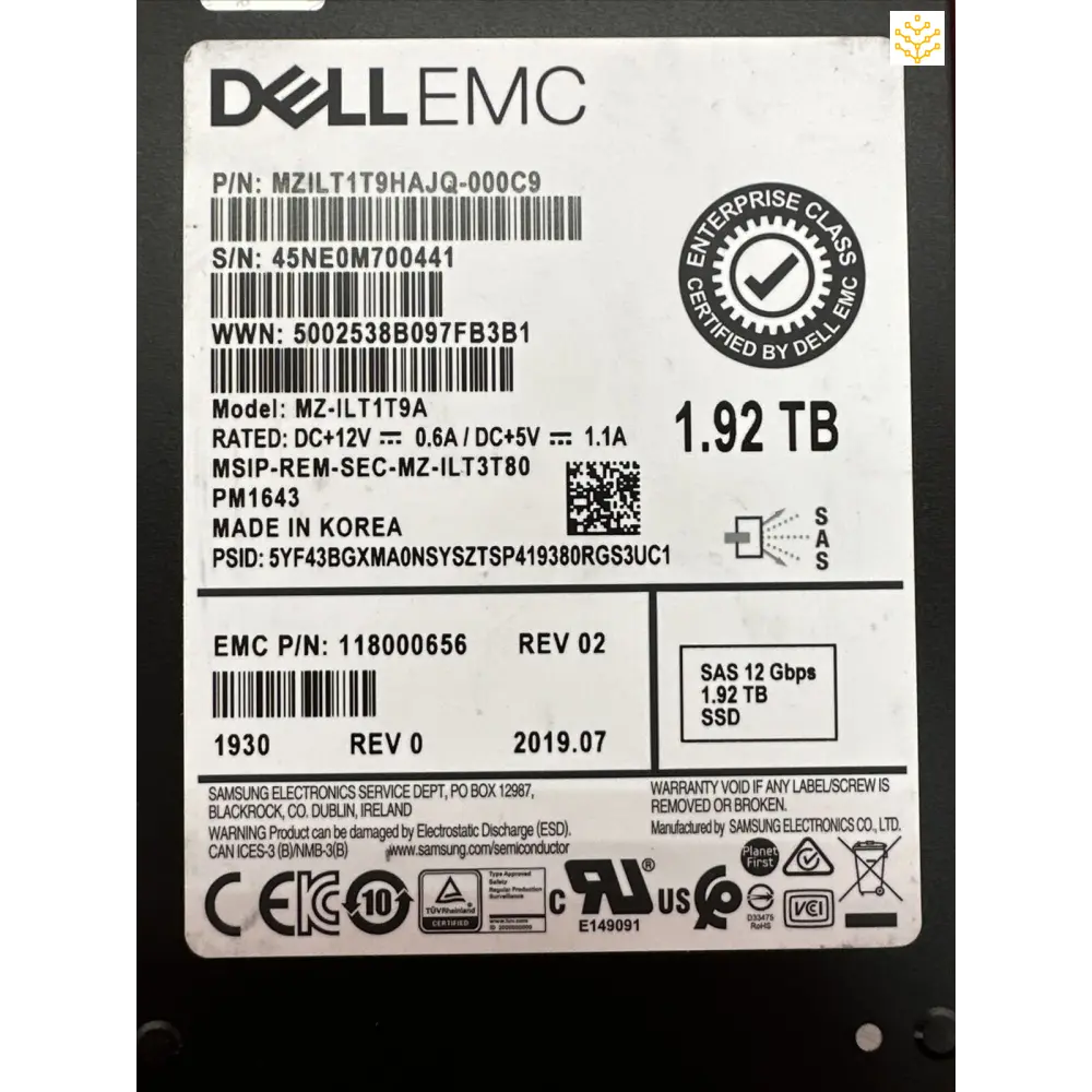 Dell EMC Samsung PM1643 1.92TB 2.5 12Gbps SAS SSD MZ-ILT1T9A 118000656 TMTW9 - Computers/Tablets & Networking:Drives