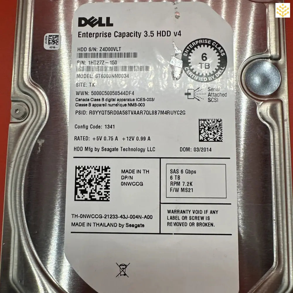 Dell NWCCG 6TB SAS 6Gbps 7.2K 3.5 HDD ST6000NM0034 1HT27Z-150 - Computers/Tablets & Networking:Drives Storage & Blank