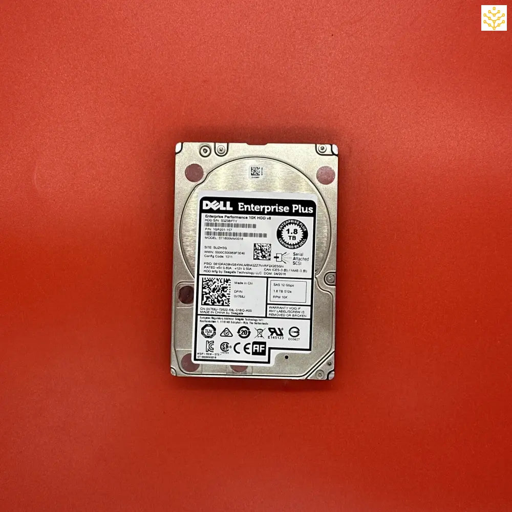 Dell Enterprise Plus hard drive on a red background.