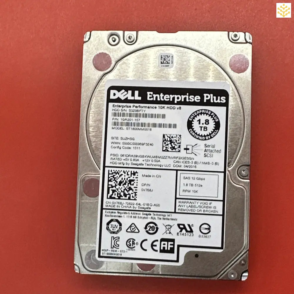 Dell Enterprise Plus hard disk drive with product information label.