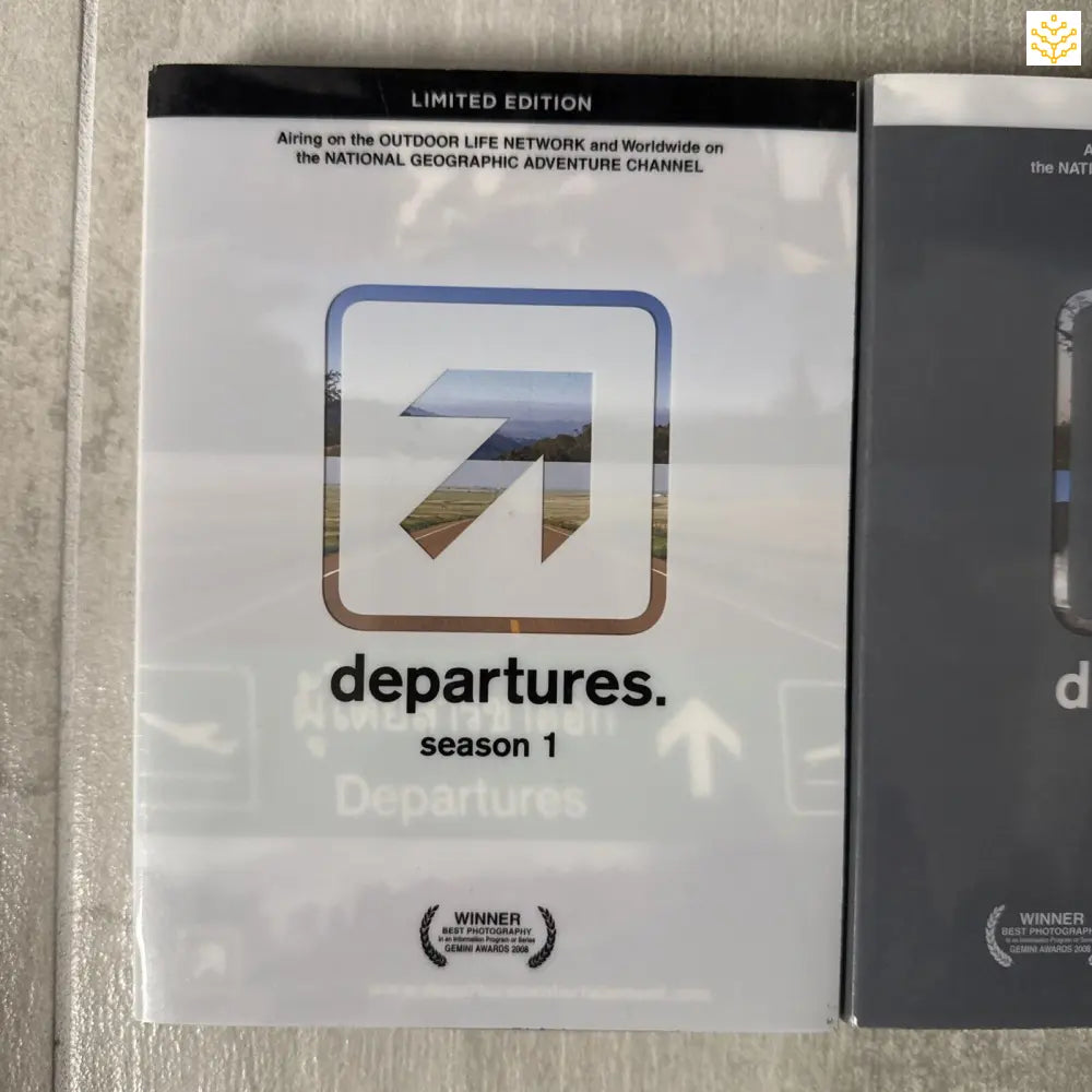 DVD case for ’Departures Season 1’’ with a minimalist arrow logo design.