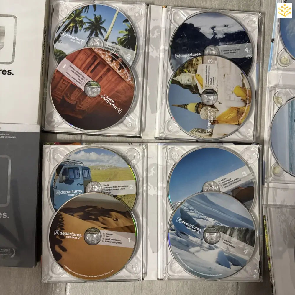 Collection of DVDs or Blu-ray discs with scenic imagery printed on them.