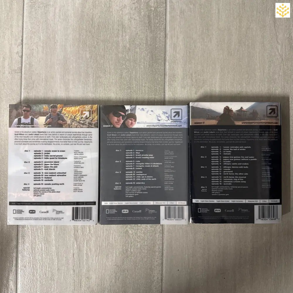 Three DVD cases arranged side by side showing their back covers with track listings.