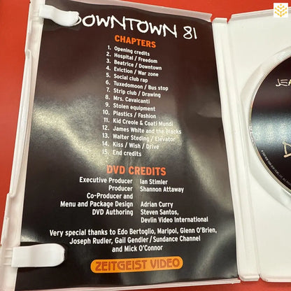 DVD credits page from ’Downtown 81’’ showing chapter listings and production credits.