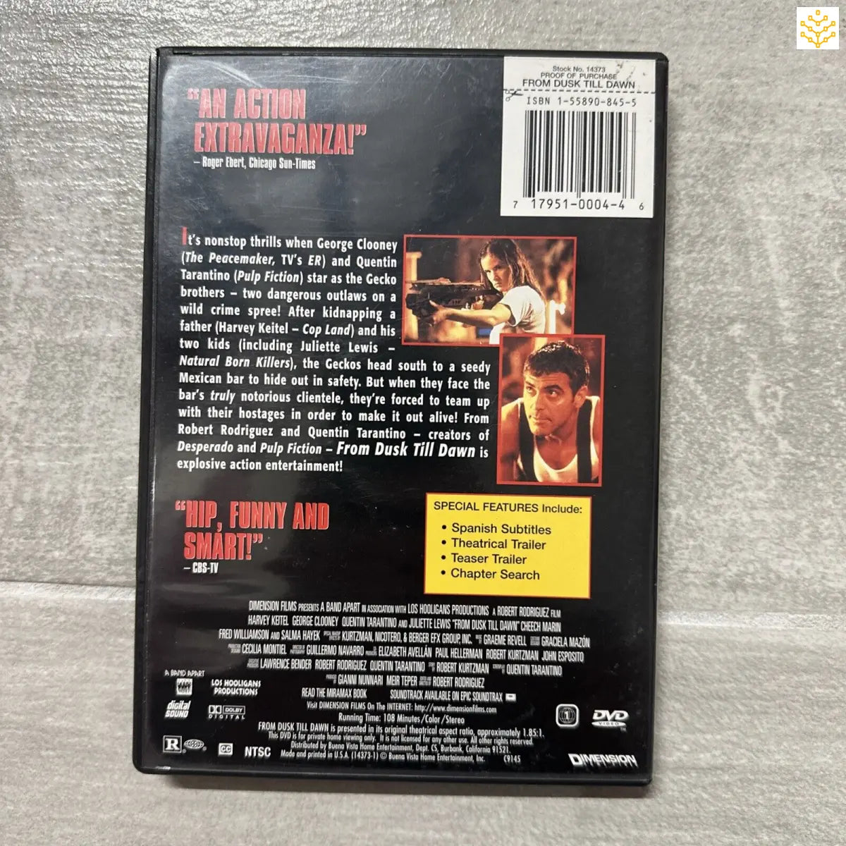 DVD case for the movie ’From Dusk Till Dawn’ showing the back cover with synopsis and details.