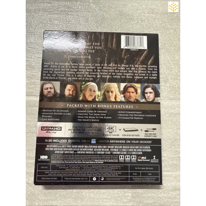 DVD or Blu-ray case for a season of Game of Thrones, showing cast photos and product details on the back cover.