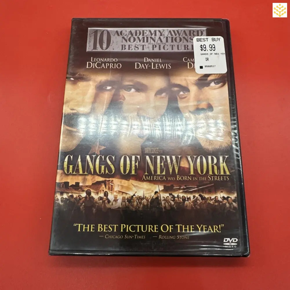 DVD case of the film ’Gangs of New York’ with a price sticker and ’10 Academy Award Nominations’ banner.