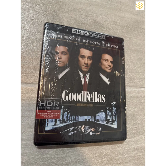 4K Ultra HD Blu-ray case of the movie ’Goodfellas’ featuring portraits of three men on the cover.