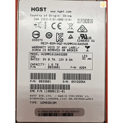 HGST HUSMM1616ASS200 0B33601 1.6TB 12Gb/s 2.5” SSD - Computers/Tablets & Networking:Drives Storage & Blank Media:Hard