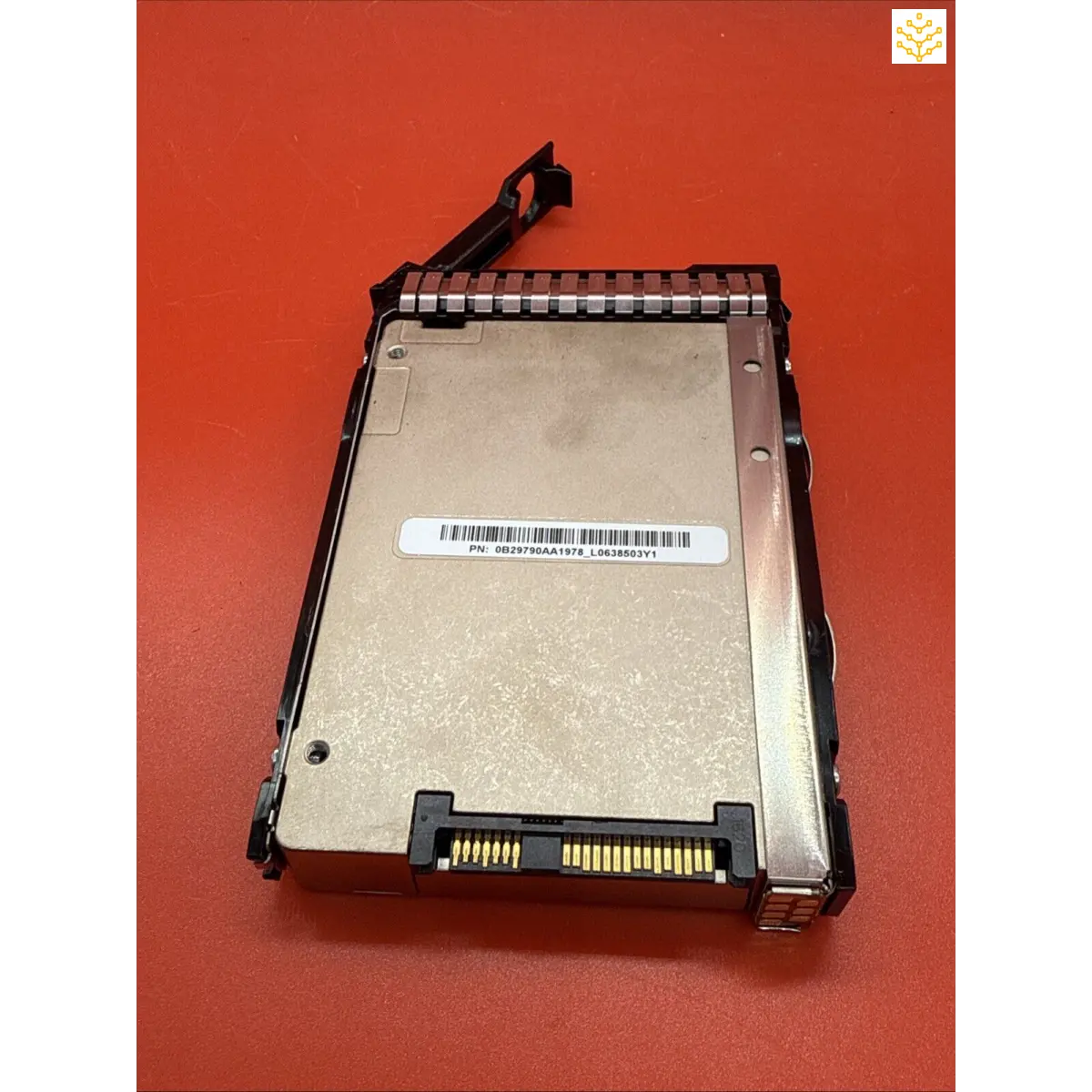 Hard drive or solid-state drive in a server-grade hot-swappable mounting bracket.