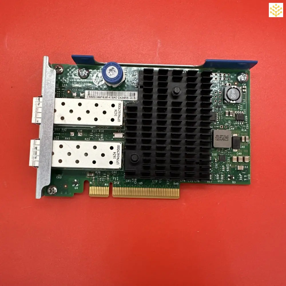 Network interface card with dual SFP ports and a large heat sink.