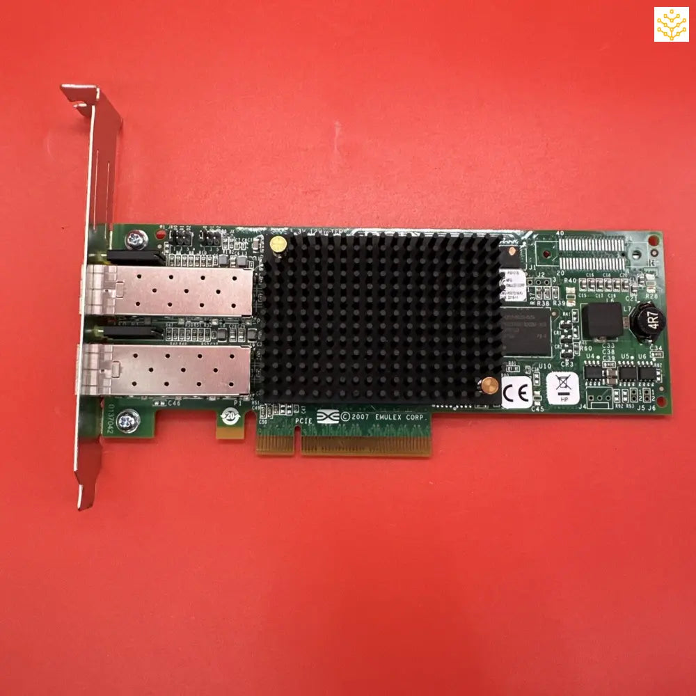 Network interface card with dual ports and a heat sink.