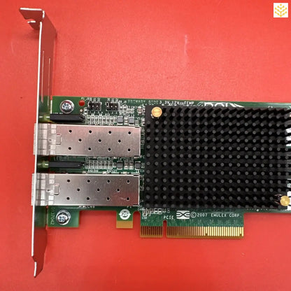 Network interface card with dual ports and a heat sink.